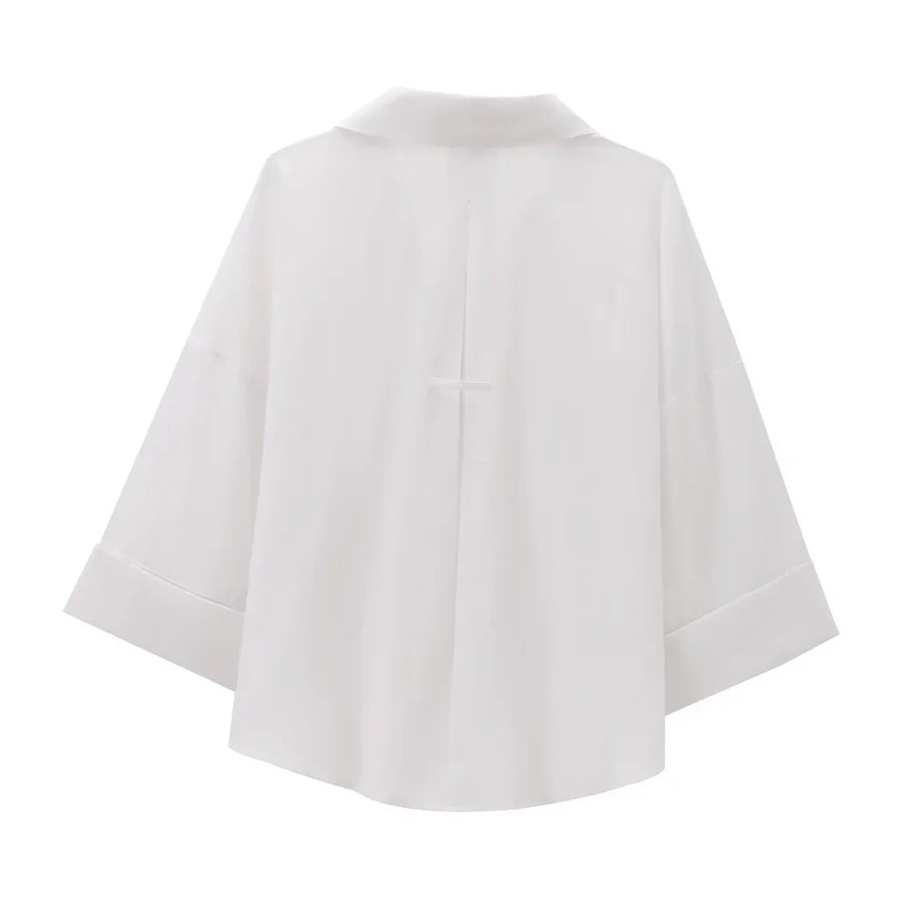 Women's Slimming Linen Blend Shirt with Wide Sleeves French Style Summer Casual Chic