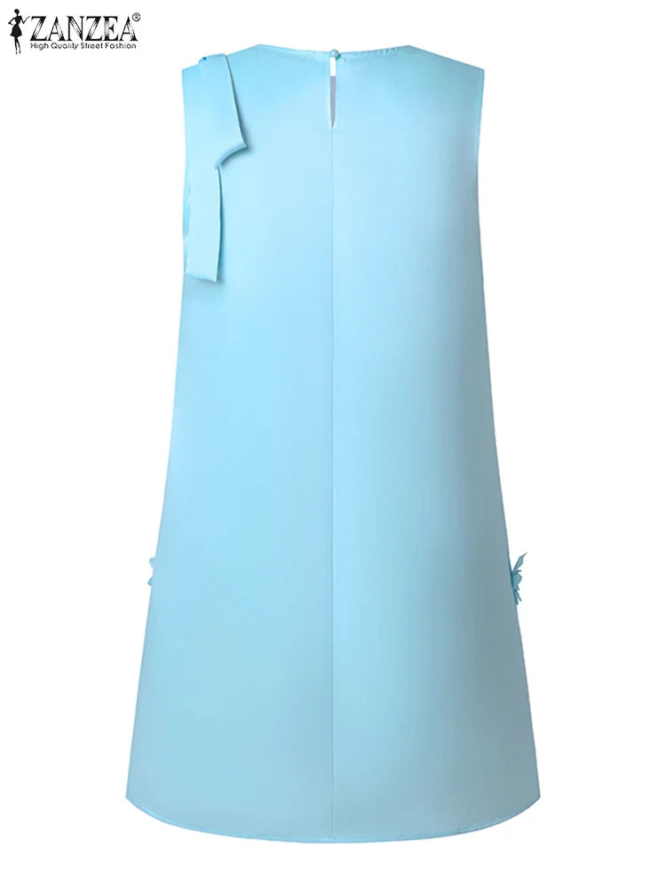 Elegant Korean Flower Bow Sleeveless Mini Dress For Women