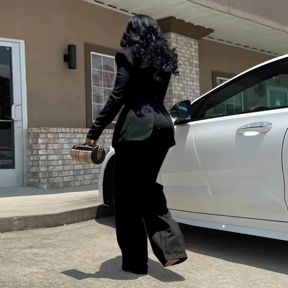 Women Long Sleeve Patchwork Romper Jumpsuit with Waist Cincher Wide-Leg Pants Elegant Office and Party Playsuit