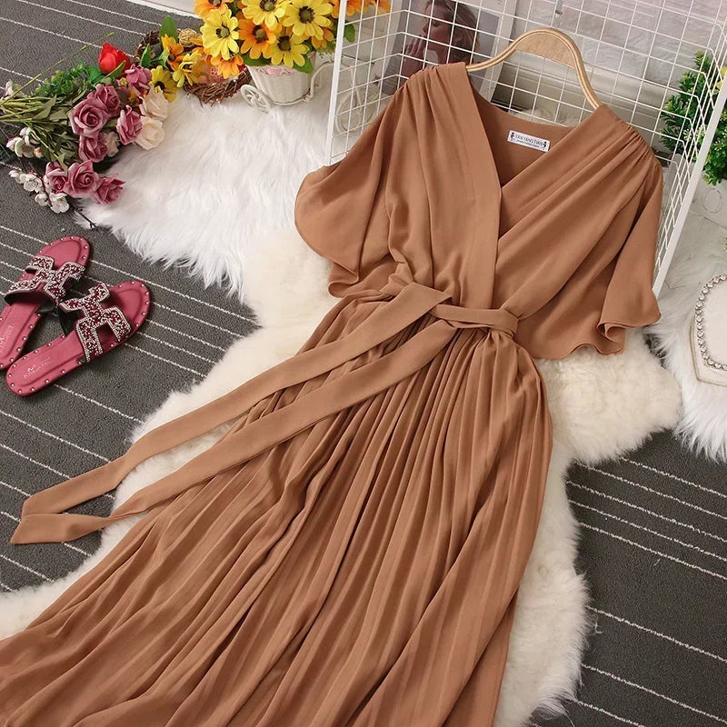 Chiffon Pleated Lace Up V Neck Dress For Women Summer