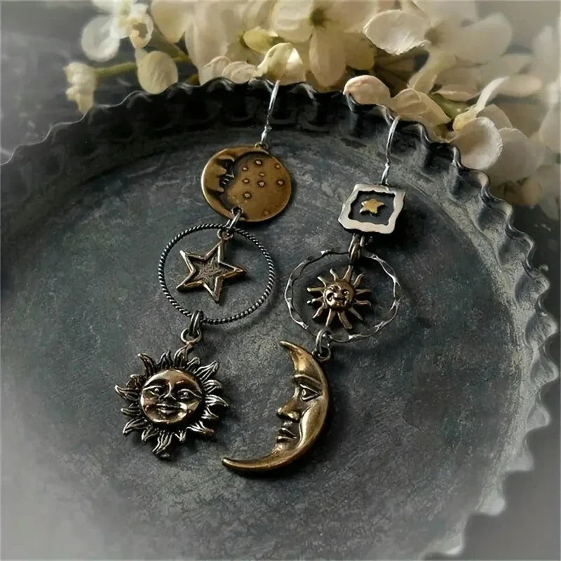 Creative Retro Asymmetrical Star and Moon Pendant Earrings for Women