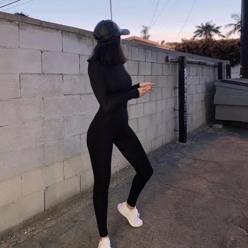 Sexy Black Autumn Long Sleeve Jumpsuit for Women O-Neck Solid Bodycon Skinny Romper Casual Streetwear Fashion Sporty Fit