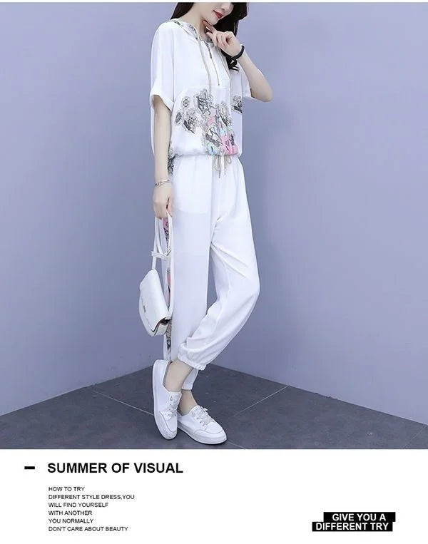 Women's Casual Two Piece Set with Hooded T-Shirt and Contrast Printed Pants for Spring and Summer Fashion