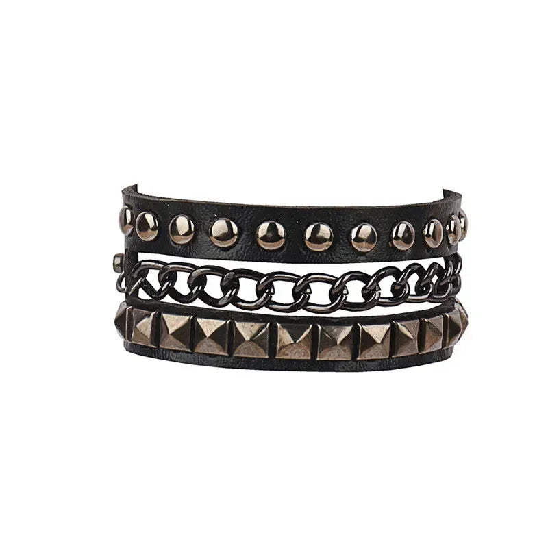 PU Leather Studded Gothic Cuff Bracelet Adjustable Punk Rivet Wristband for Men and Women