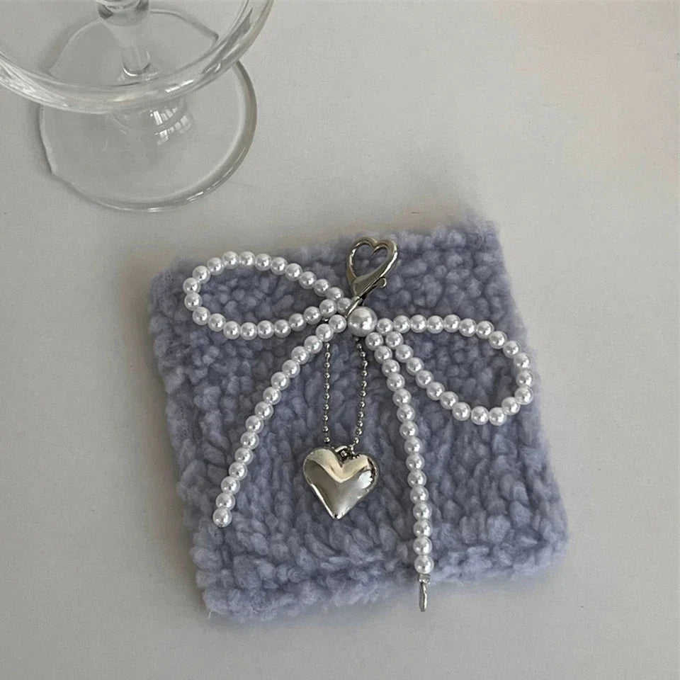 White Bowknot Heart Keychain for Women Sweet Charm Pearl Bow Backpack Key Ring Handmade Jewelry Ornament
