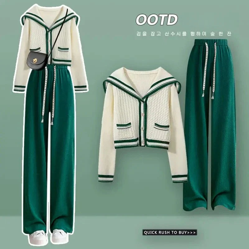 Preppy Style Knitted Two Piece Set with Sailor Collar Sweater and Elastic Pants for Women's Korean Sportswear