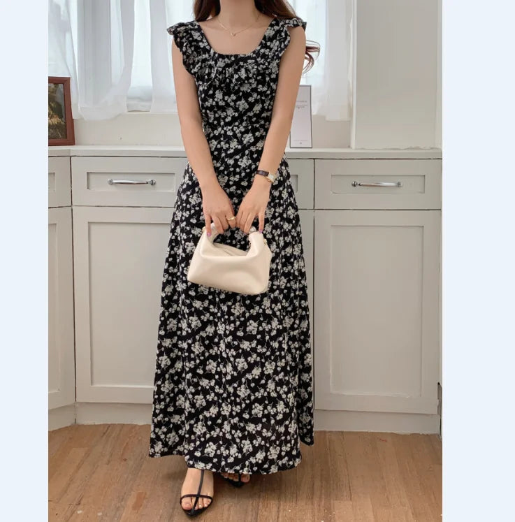 Floral Print Sleeveless Maxi Dress Black Vintage Style