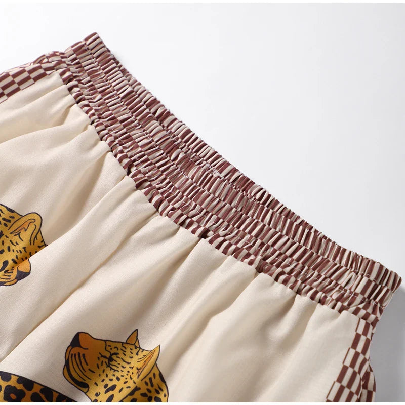 Autumn Women Leopard Print Suit Vintage Single Breasted Wide Leg Pants Set Casual Loose Outfit