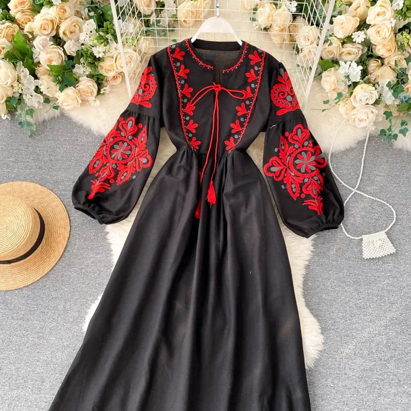 Bohemian Embroidered Floral Dress With Lantern Sleeve