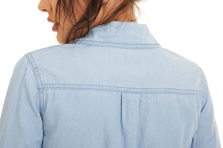Light Blue Slim Fit Cotton Denim Shirt for Women Long Sleeve Casual Thin Jeans Blouse Top