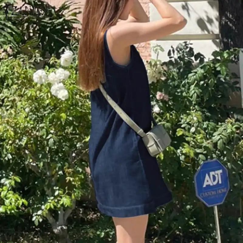 Denim Midi Dress for Women Sleeveless O Neck Blue Casual