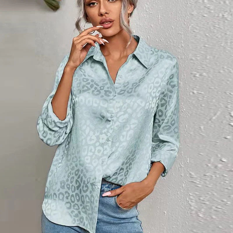 Elegant Long Sleeve Leopard Jacquard Blouse for Women with Turn Down Collar and Button Front Office Shirt Autumn Spring Fashion Top