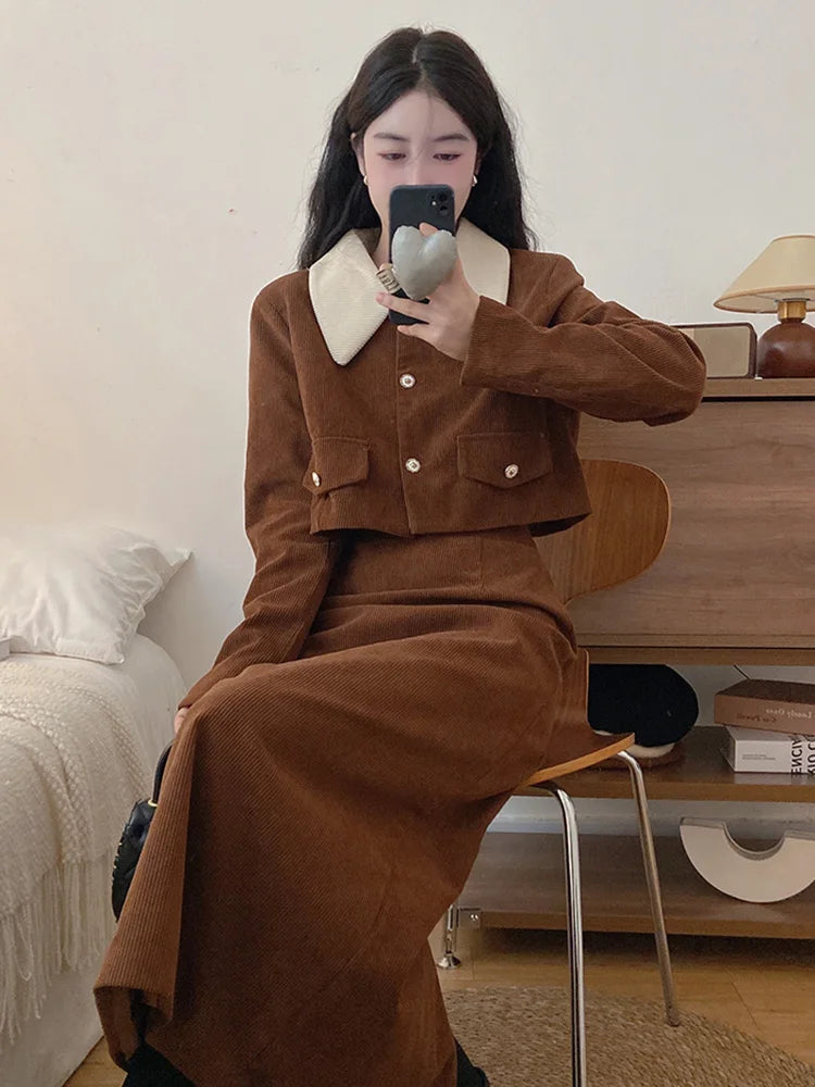 Corduroy Fall Dress For Women French Style Party Outfit