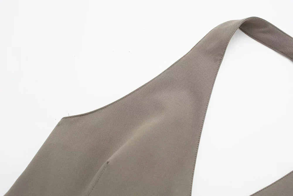 Women's Two-Piece Suit Set with Belt Halter V-Neck Top and High-Waisted Pleated Pants