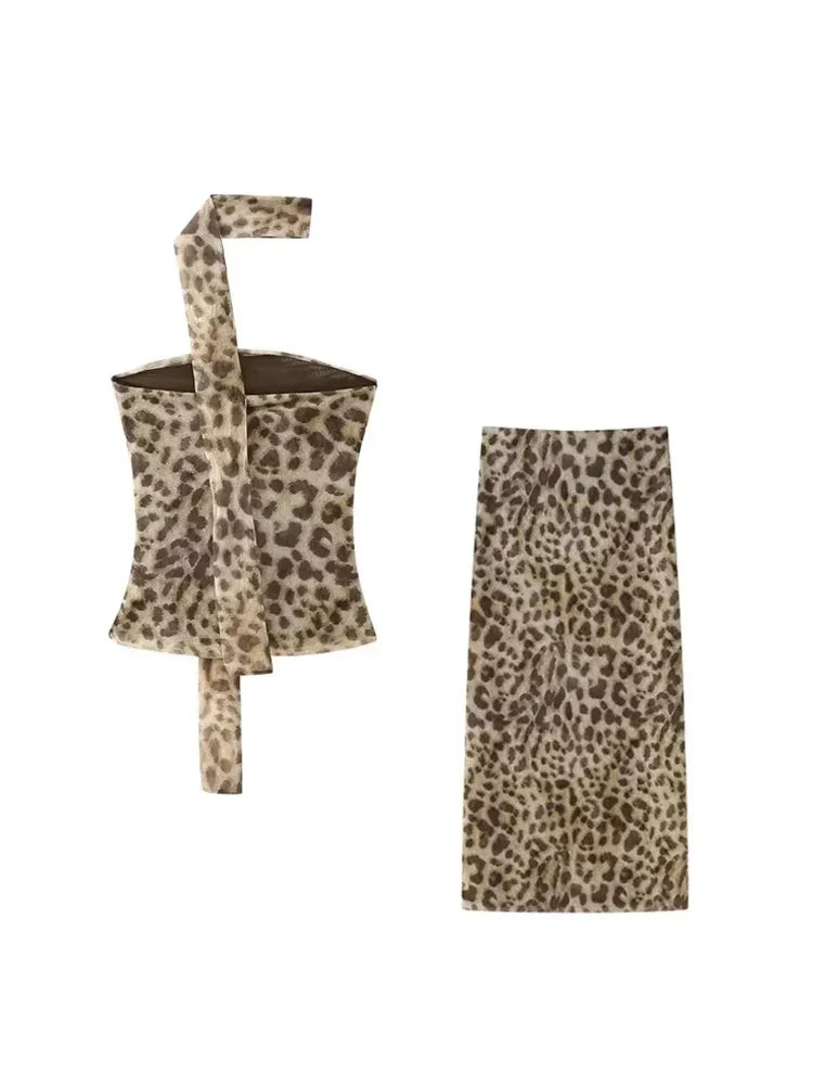 Strapless Leopard Print Tulle Draped Bustier Top with High Waist Long Skirt Two-Piece Set for Women Sexy Evening Outfit