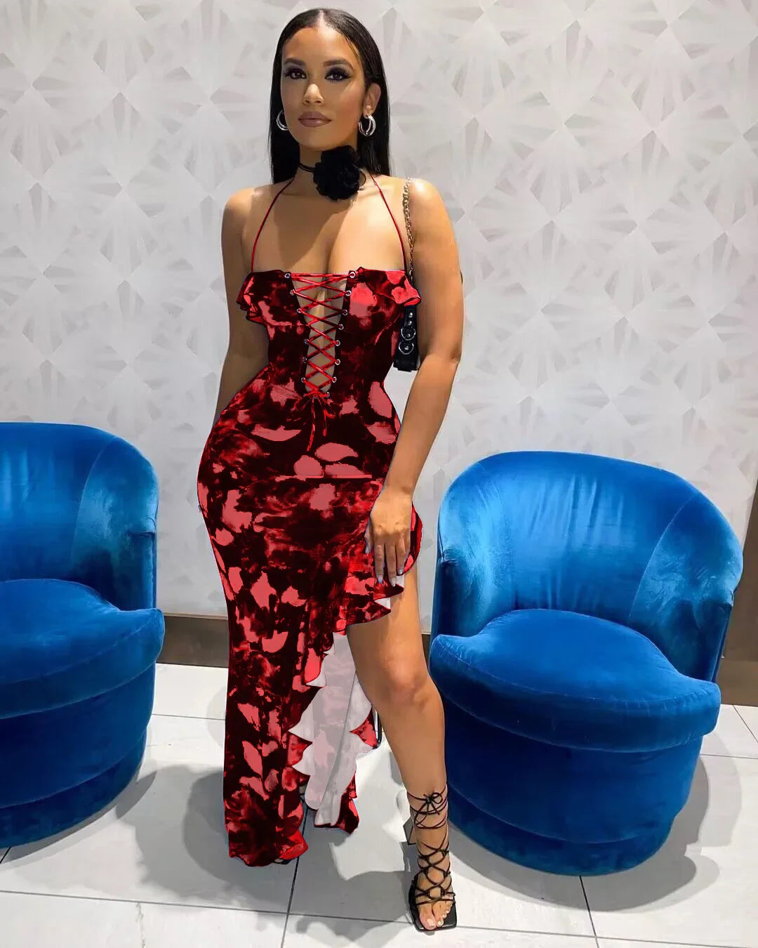 Tie Dye Midi Dress With Lace Up Side Slit Bodycon Ruffles