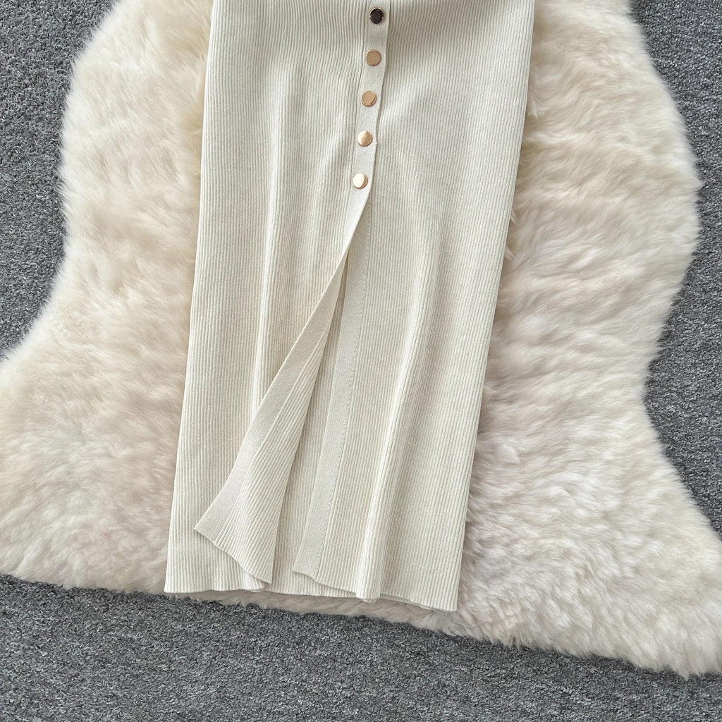 Elegant Solid Knitted O Neck Sleeveless Midi Dress Buttons