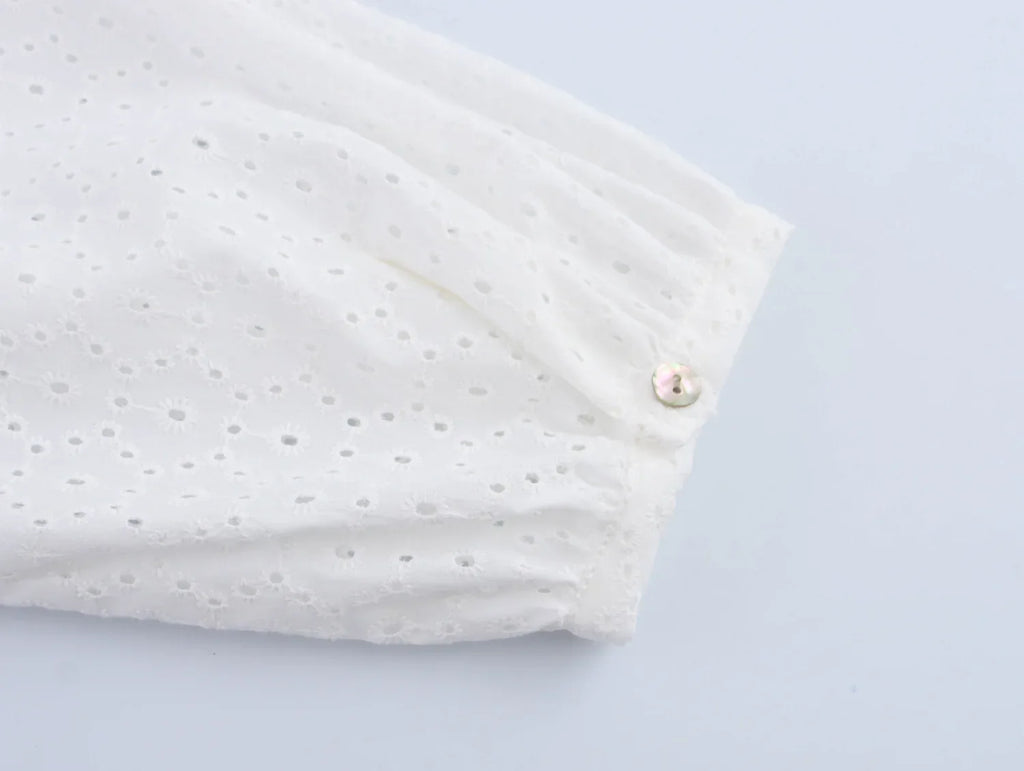 Womens Hollow Embroidery V Neck Lantern Sleeve Mini Dress