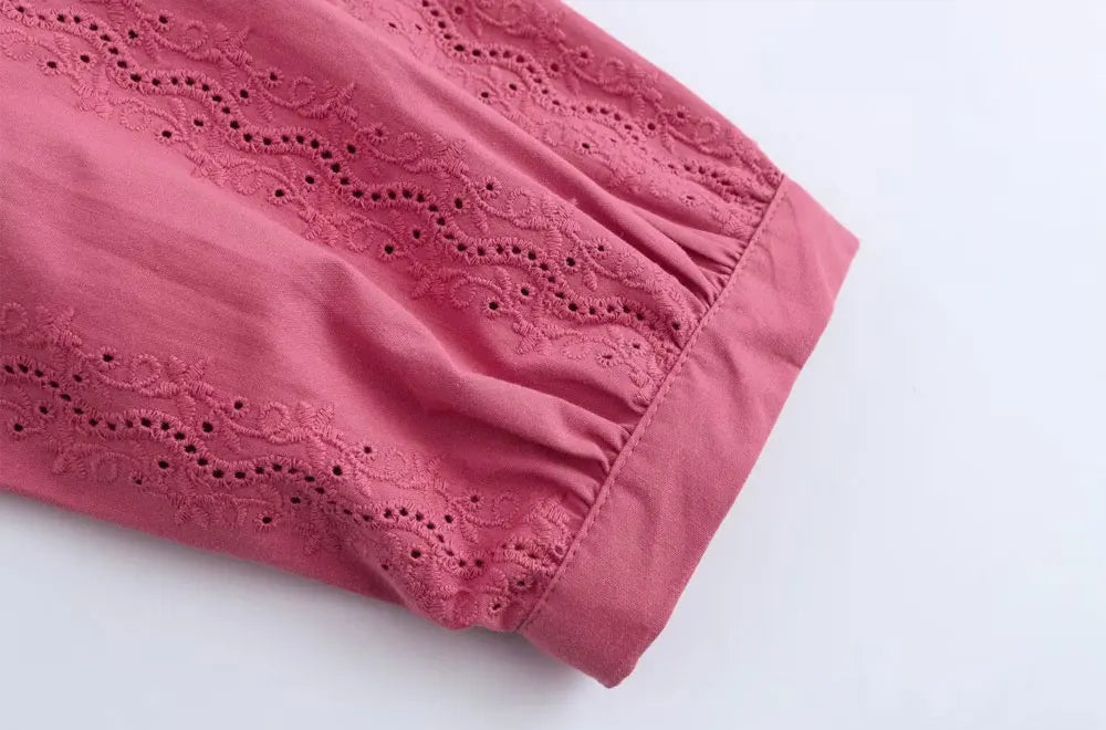 Womens Long Sleeve Cutwork Embroidery Shirt Chic Blouse with Front Covered Buttons Elegant Fashion Top