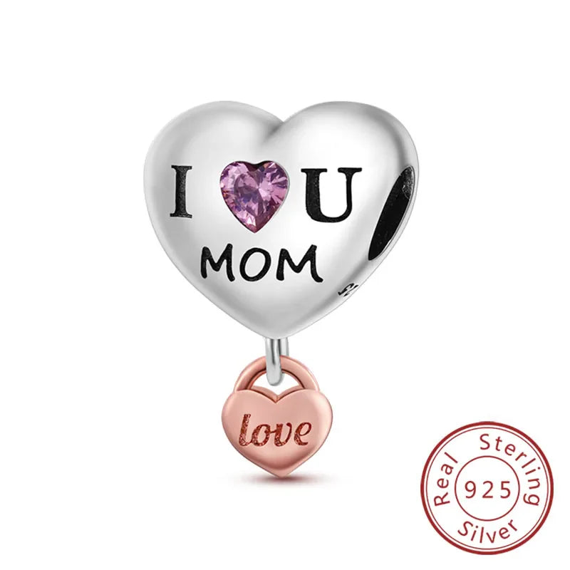 925 Sterling Silver Love Heart Family Charm Bead Pendant for Women's Bracelet Jewelry Gift