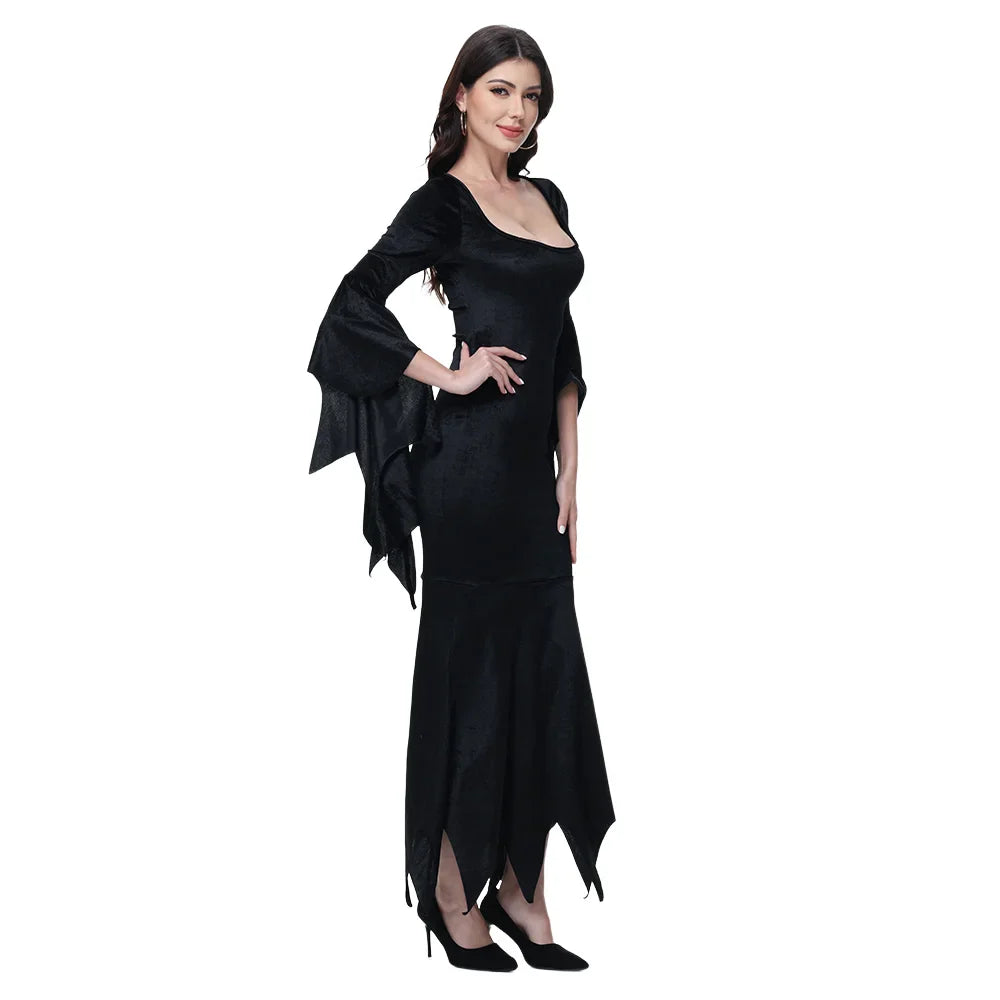 Morticia Addams Gothic Velvet Dress With Flared Sleeves