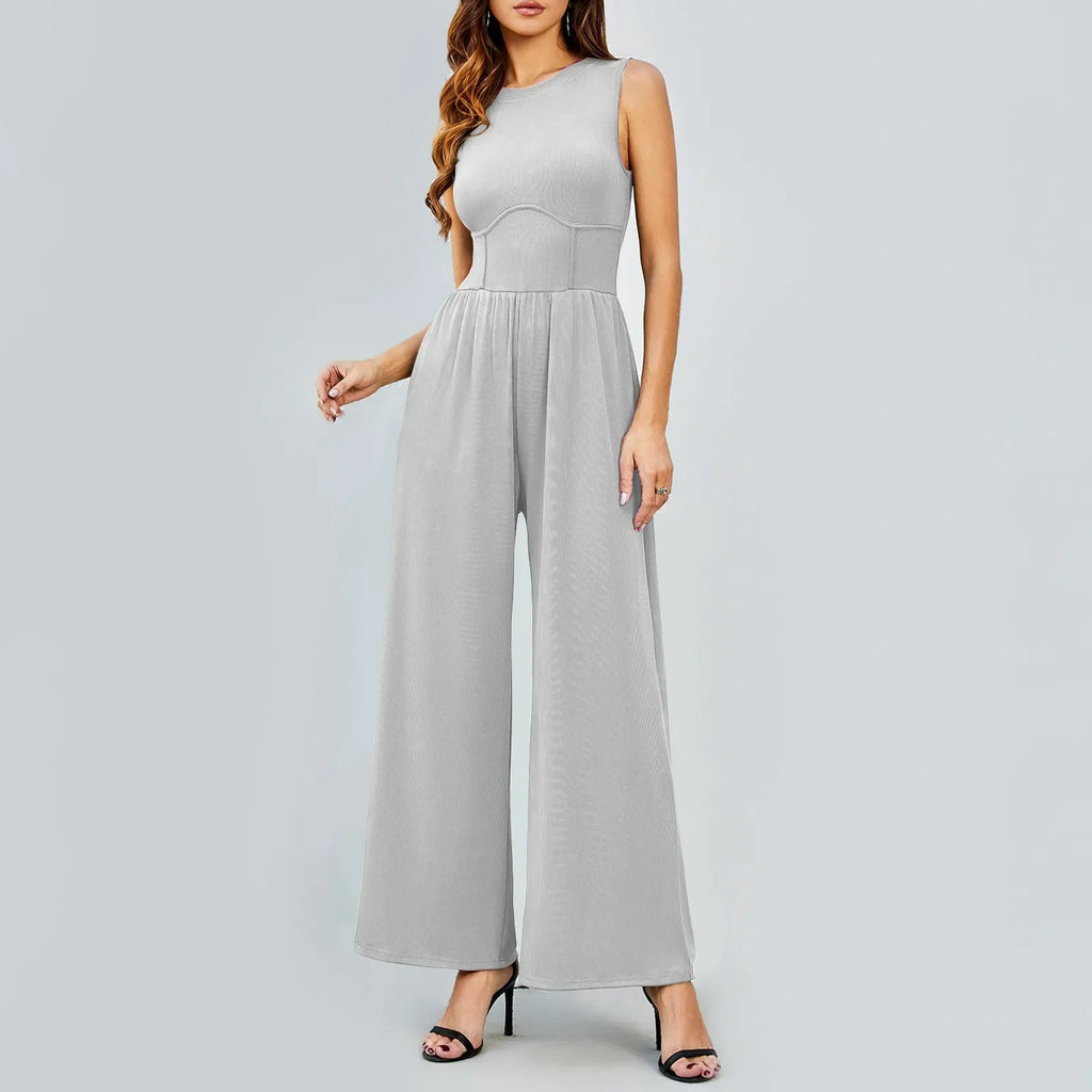 Women Sleeveless High Neck Ribbed Tank Top Jumpsuit Wide Leg Pants Romper with Tummy Control and High Waist Casual Summer Outfit
