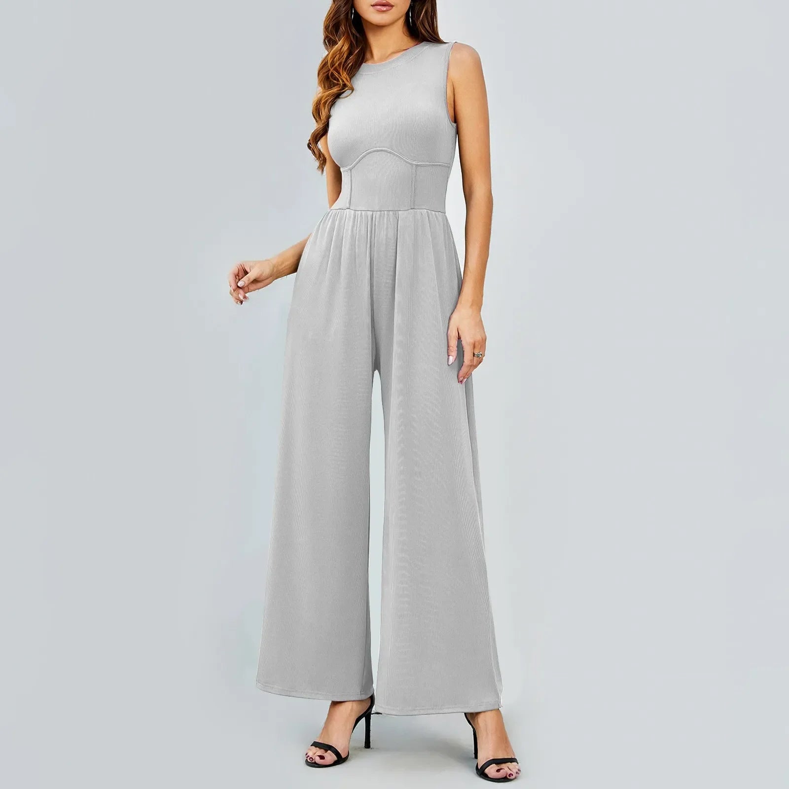 Women Sleeveless High Neck Ribbed Tank Top Jumpsuit Wide Leg Pants Romper with Tummy Control and High Waist Casual Summer Outfit
