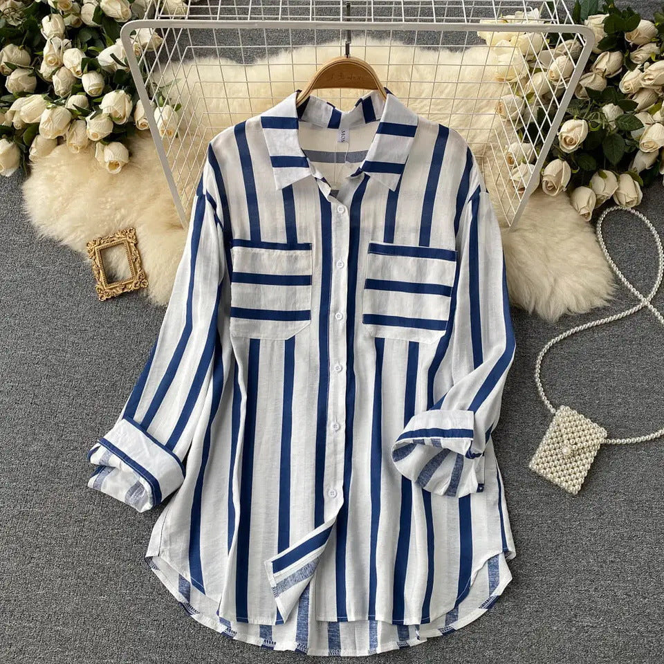 Elegant Medium Length Vertical Stripe Shirt Jacket for Women Casual Loose Fitting Korean Style Blouse