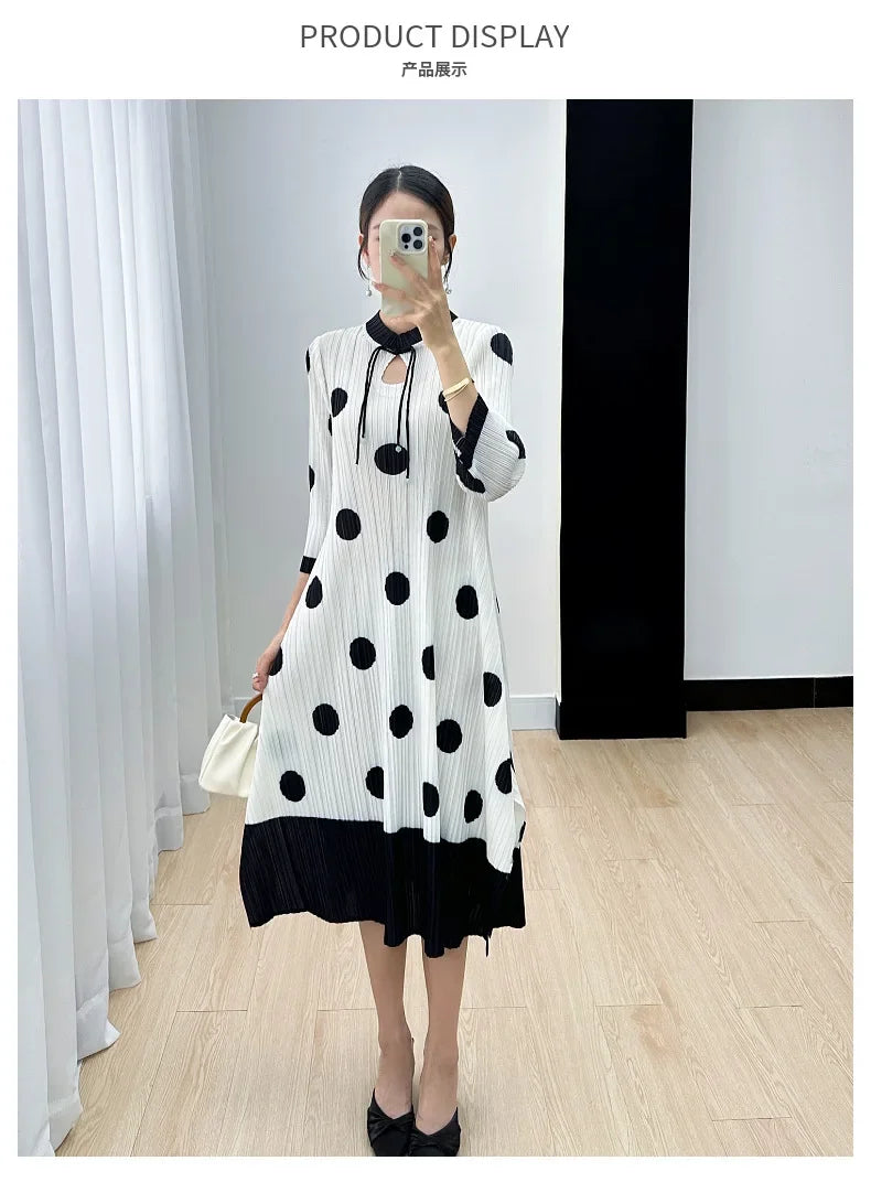 Polka Dot Pleated Dress for Women with Stand Collar