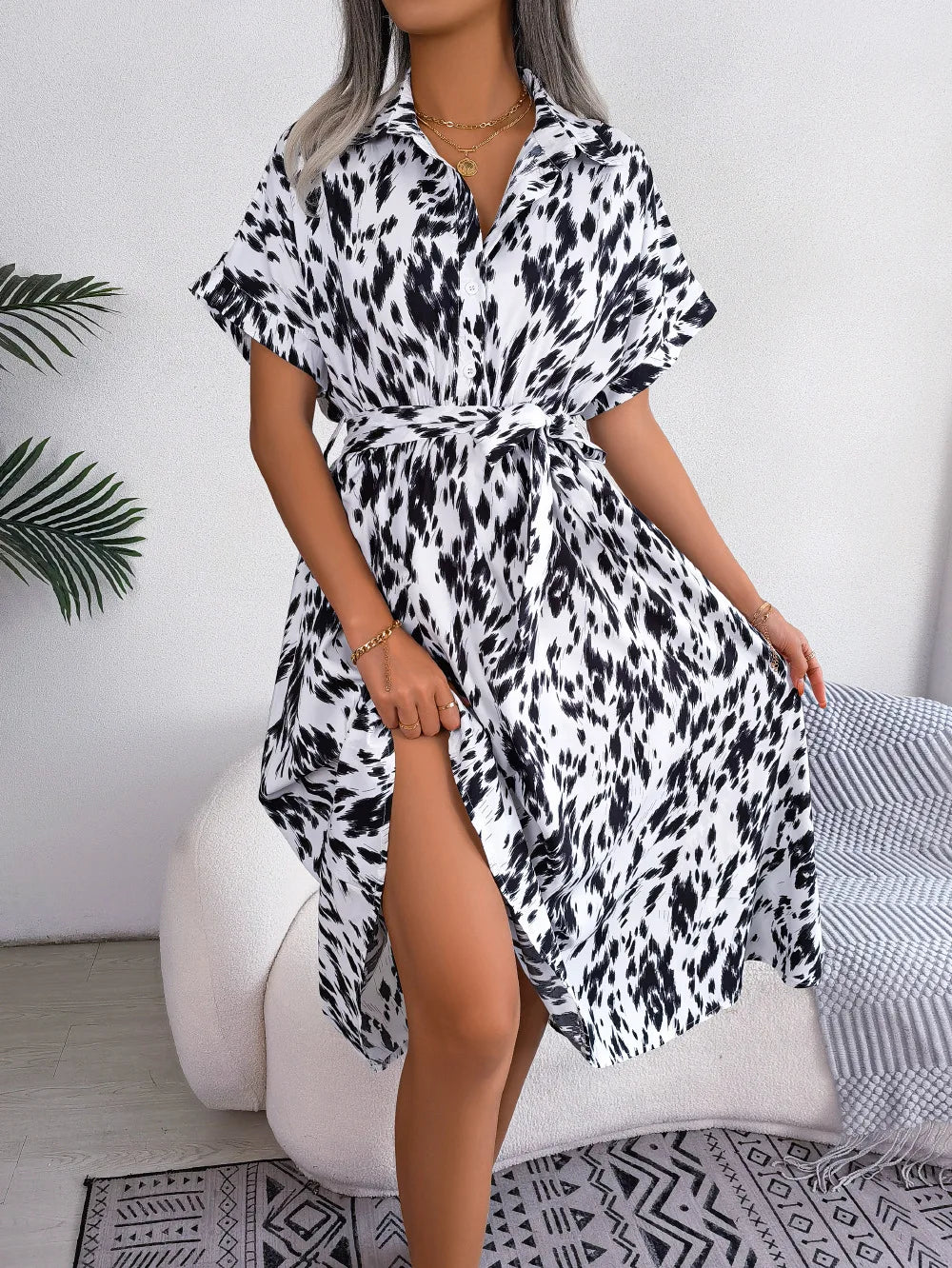 Leopard Print Shirt Dress Lace Up Casual Summer Style