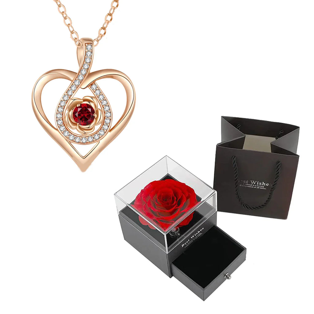 Luxury Red Zircon Pendant Necklace with Rose Flower Gift Box for Girlfriend Romantic Jewelry Gift