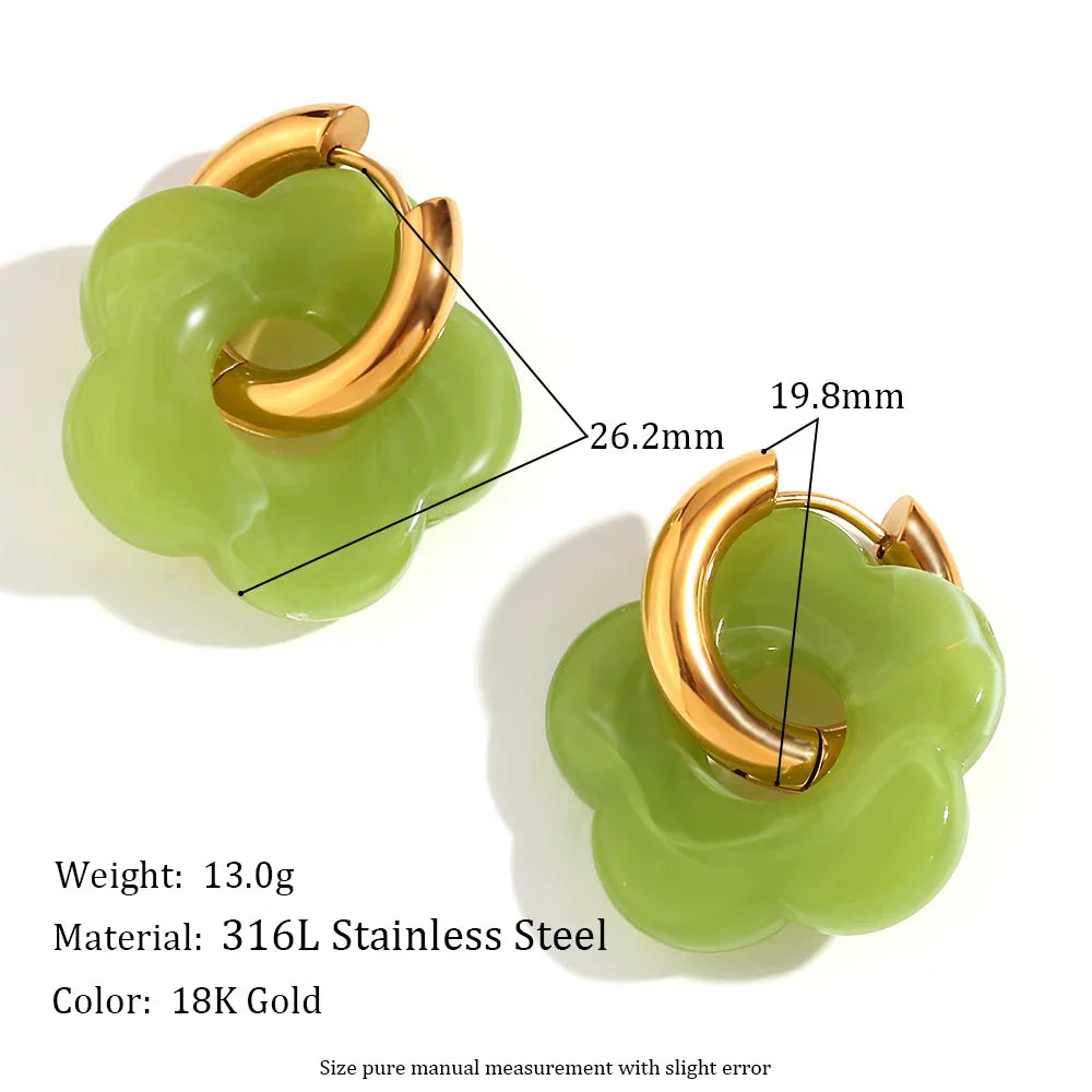 Colorful Resin Flower Drop Earrings for Women in Waterproof Stainless Steel Hoops