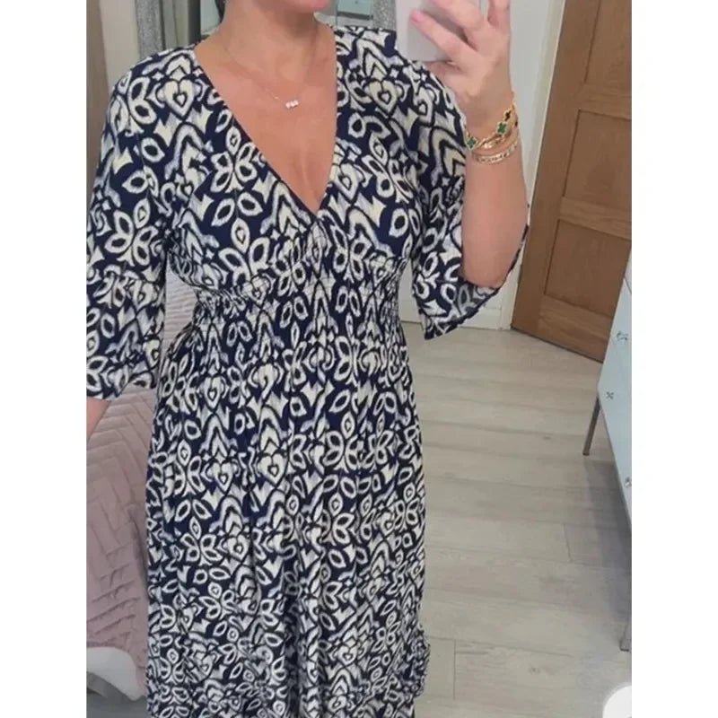 Bohemian Floral Wrap Dress Women V Neck Summer Casual