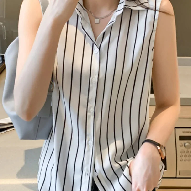 Striped Sleeveless Chiffon Blouse for Women Summer Vest Casual Lightweight Tops Basic White Shirt