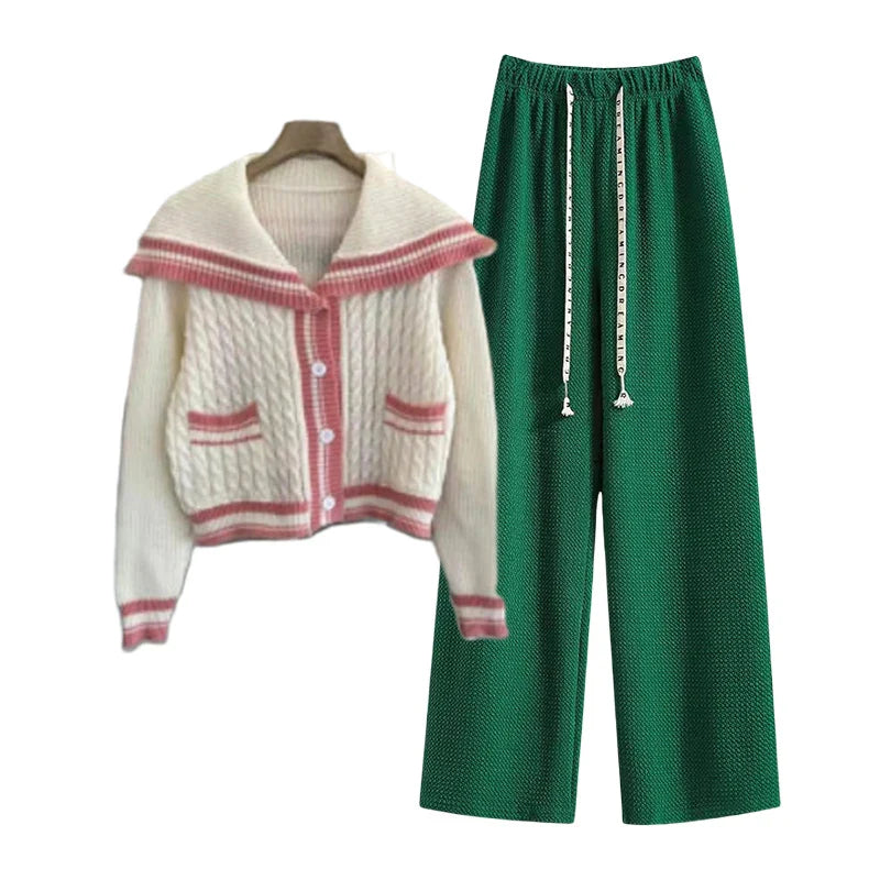 Preppy Style Knitted Two Piece Set with Sailor Collar Sweater and Elastic Pants for Women's Korean Sportswear
