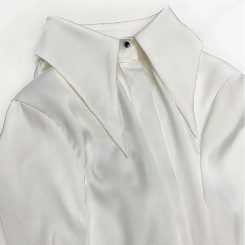Elegant Turn Down Collar Satin Silk Blouse Vintage Button Closure White Lantern Sleeve Office Lady Shirt Chic Feminine Top