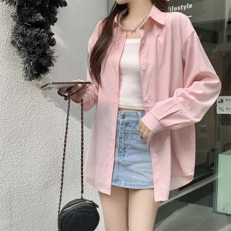 Silky Oversize Button Down Shirt for Women Long Sleeve Boyfriend Blouse Lightweight Summer Cover Up Casual Teen Girl Outfit
