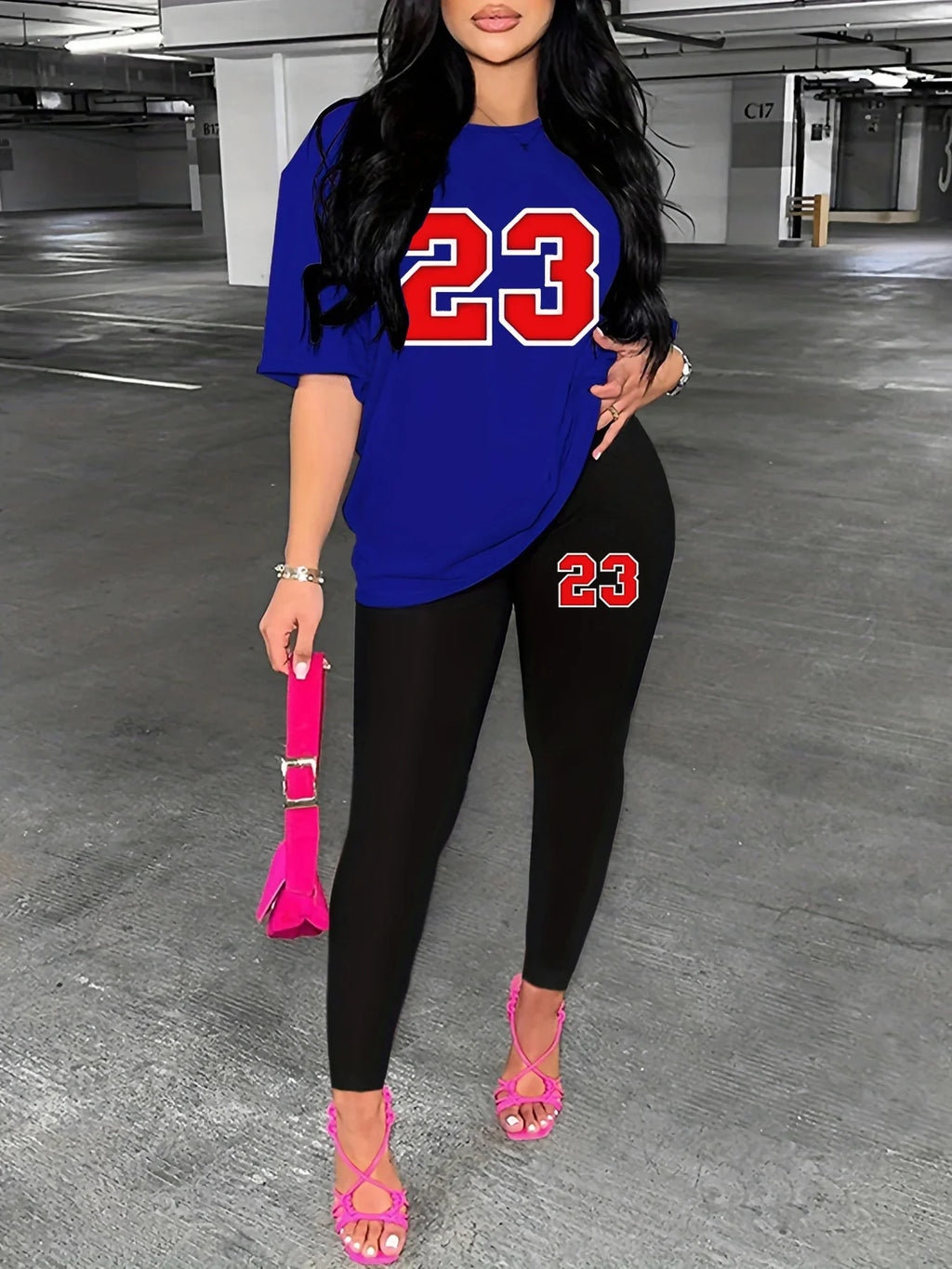 Women's Casual Loose Fit T-Shirt and Tight Bottomed Pants Two-Piece Set