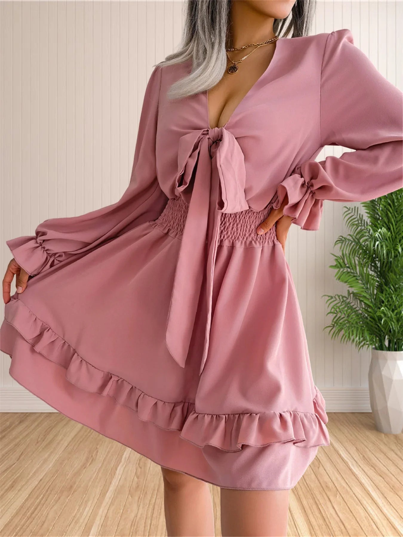 Womens V Neck Knot Front Smocked Waist Tiered Skater Dress