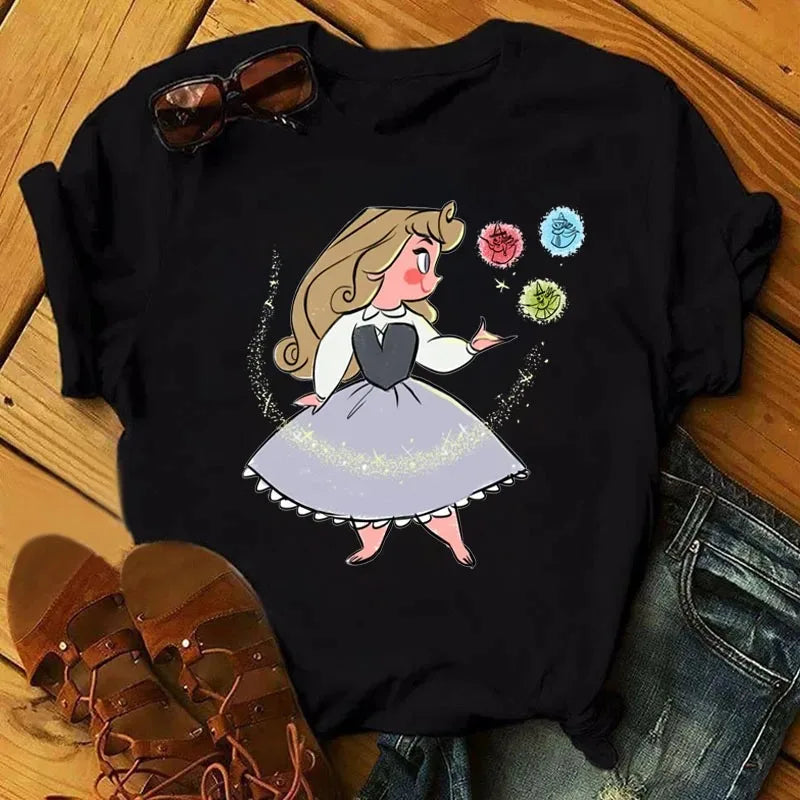 Cute Disney Princess Pattern Women's Cotton T-Shirt Short Sleeve Kawaii Graphic Tee for Casual Wear