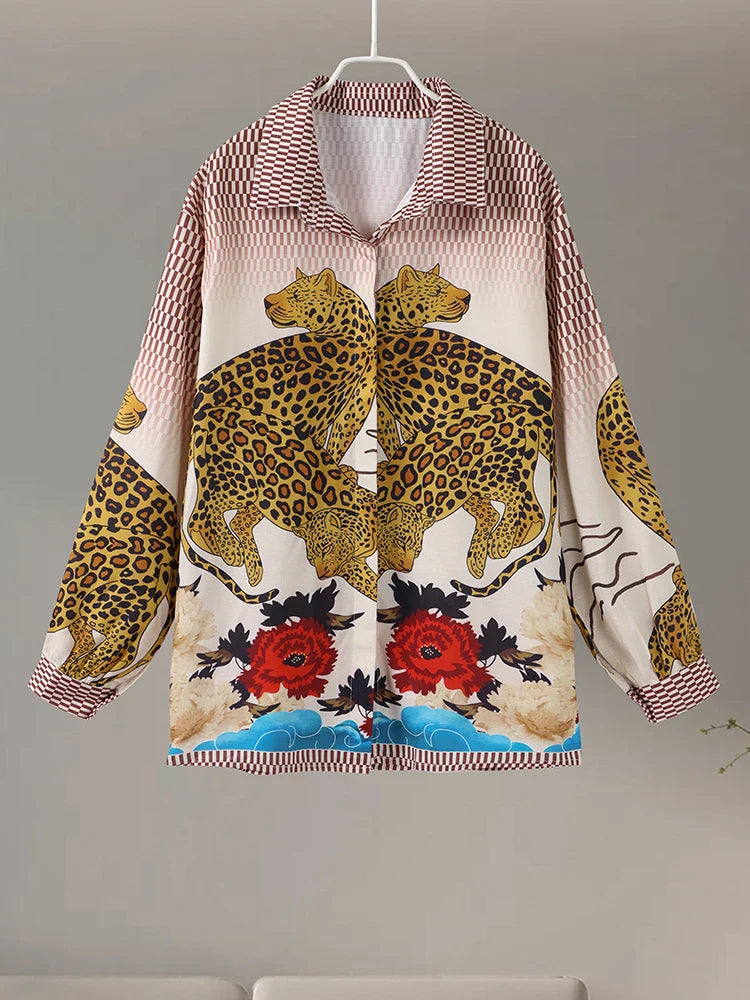 Autumn Women Leopard Print Suit Vintage Single Breasted Wide Leg Pants Set Casual Loose Outfit