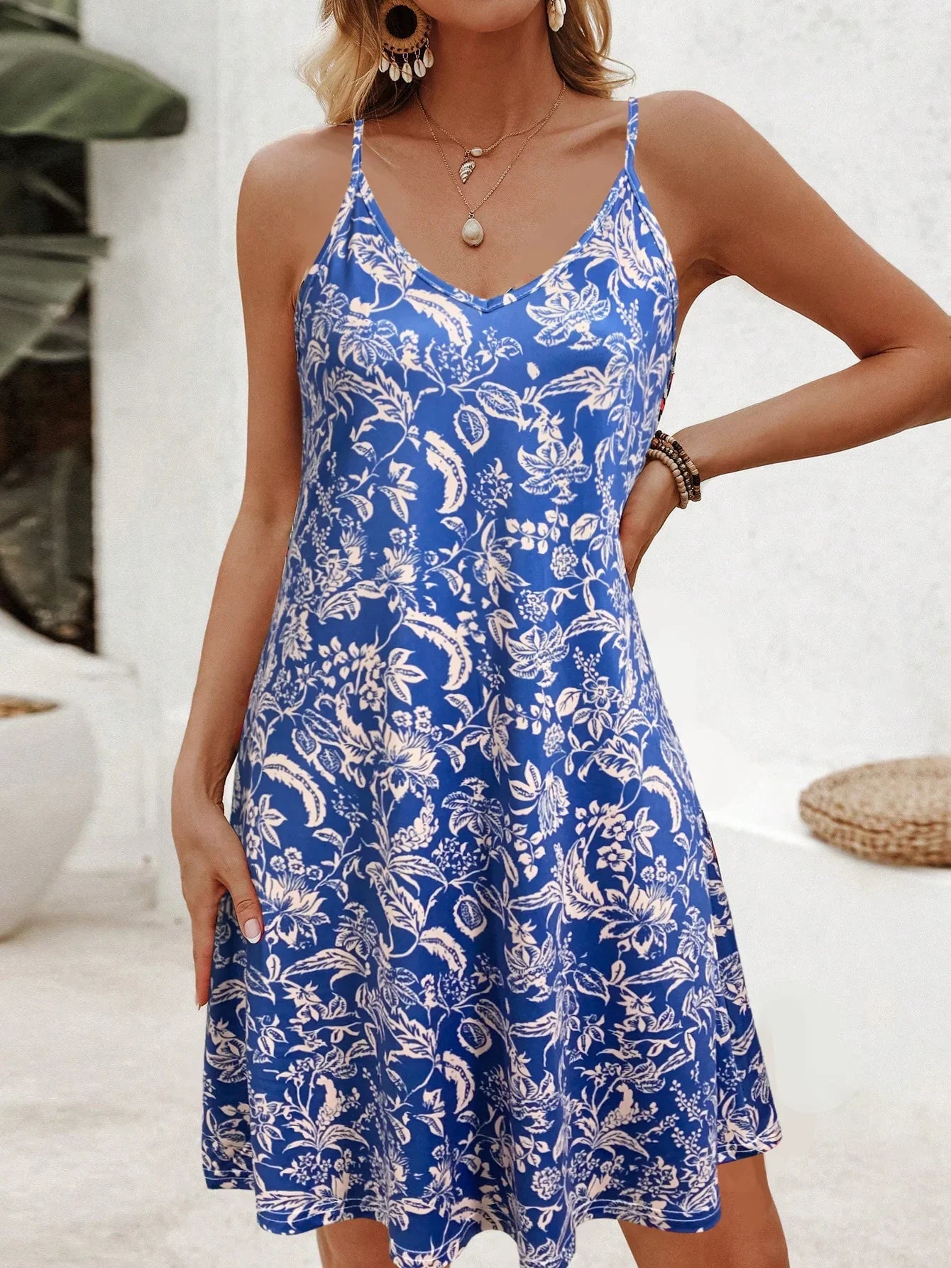 Plant Print Spaghetti Strap Summer Vacation Dress Chic