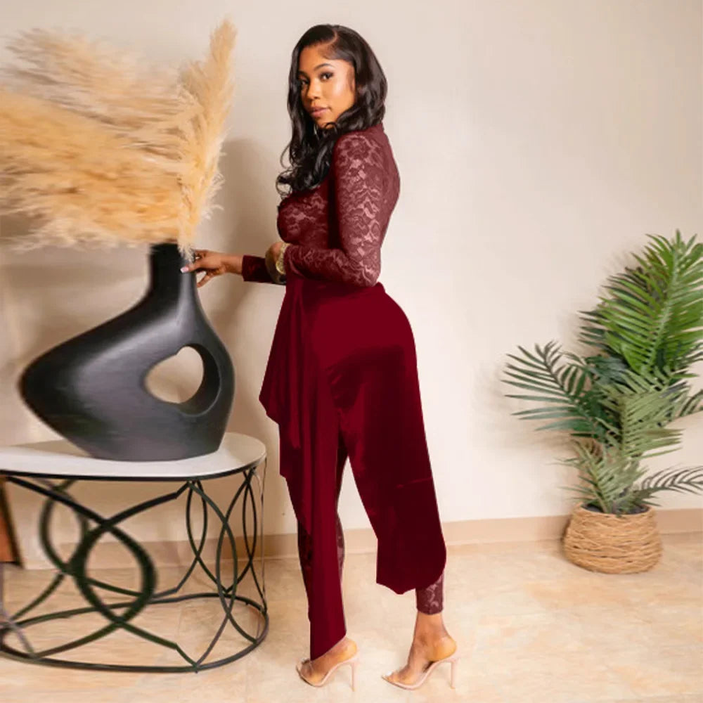 Sexy Sheer Floral Lace Jumpsuit with Overlay Skirt Stretchy Skinny One Piece Romper for Nightclub Party Women Clubwear