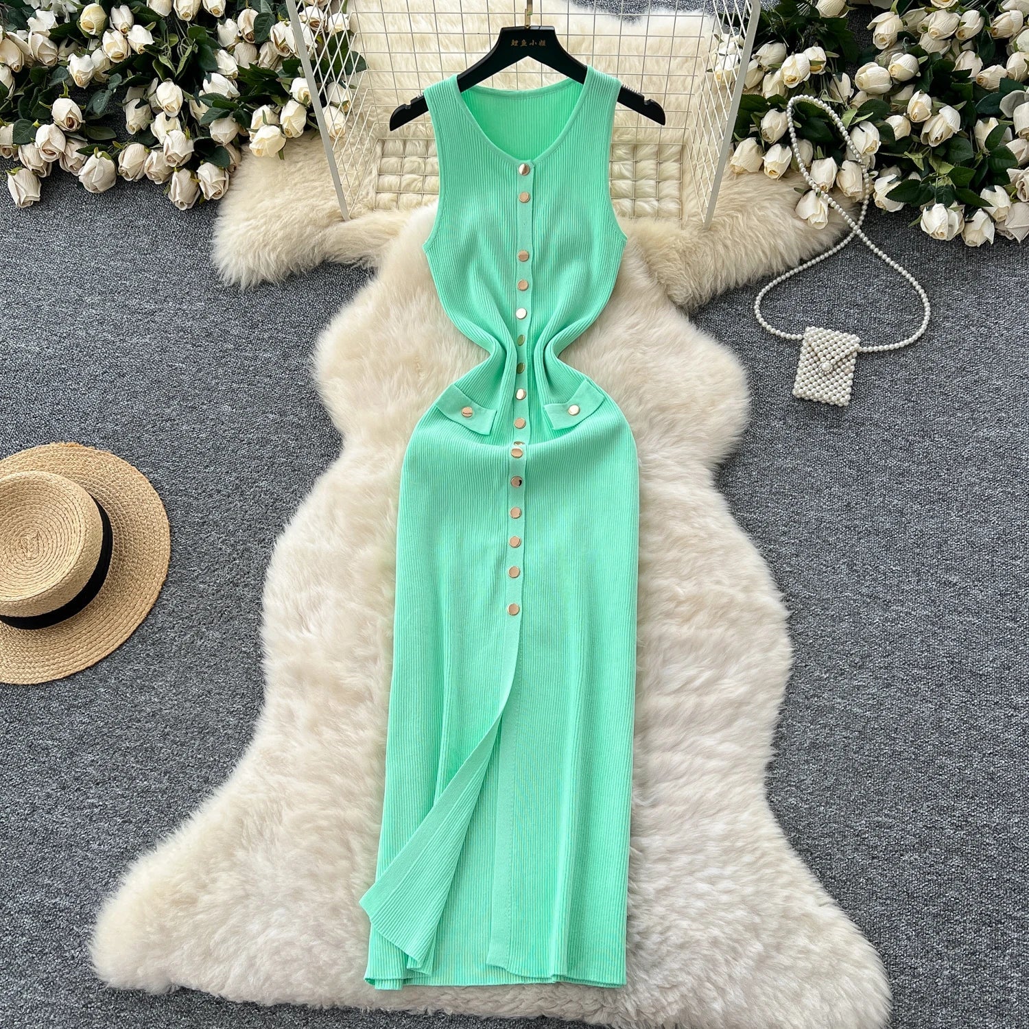Elegant Solid Knitted O Neck Sleeveless Midi Dress Buttons