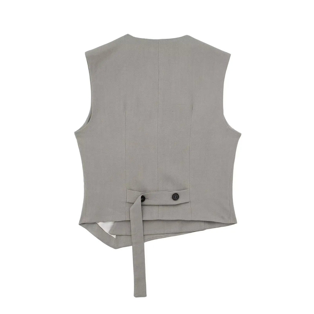 Women's Solid Grey Two Piece Set with Sleeveless Asymmetrical Vest and High Waist Wide Leg Trousers Casual Outfit