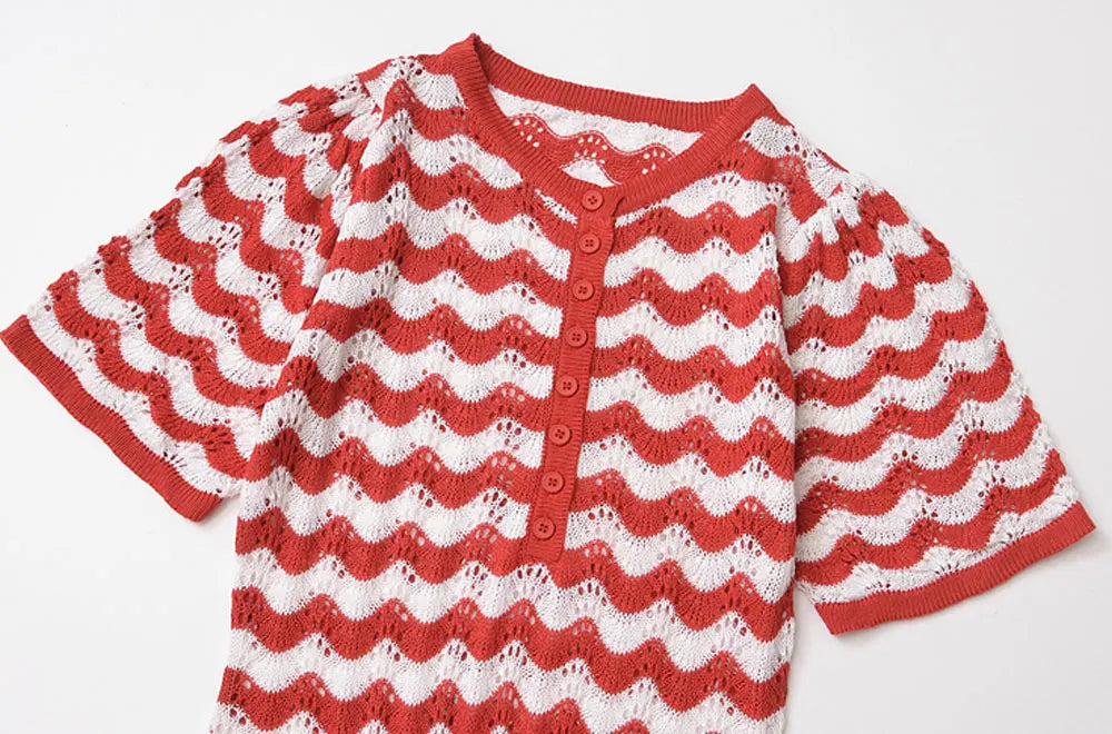 Women's Striped Knit Midi Dress With Front Button O Neck