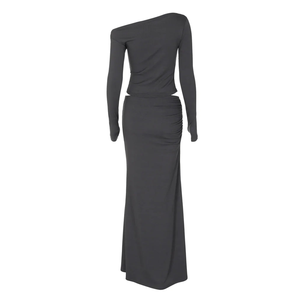 Solid Skew Collar Long Sleeve T-Shirt and Ruched Maxi Skirt 2-Piece Set Women's Y2K Fashion Outfit for Fall Night Party and Vacation