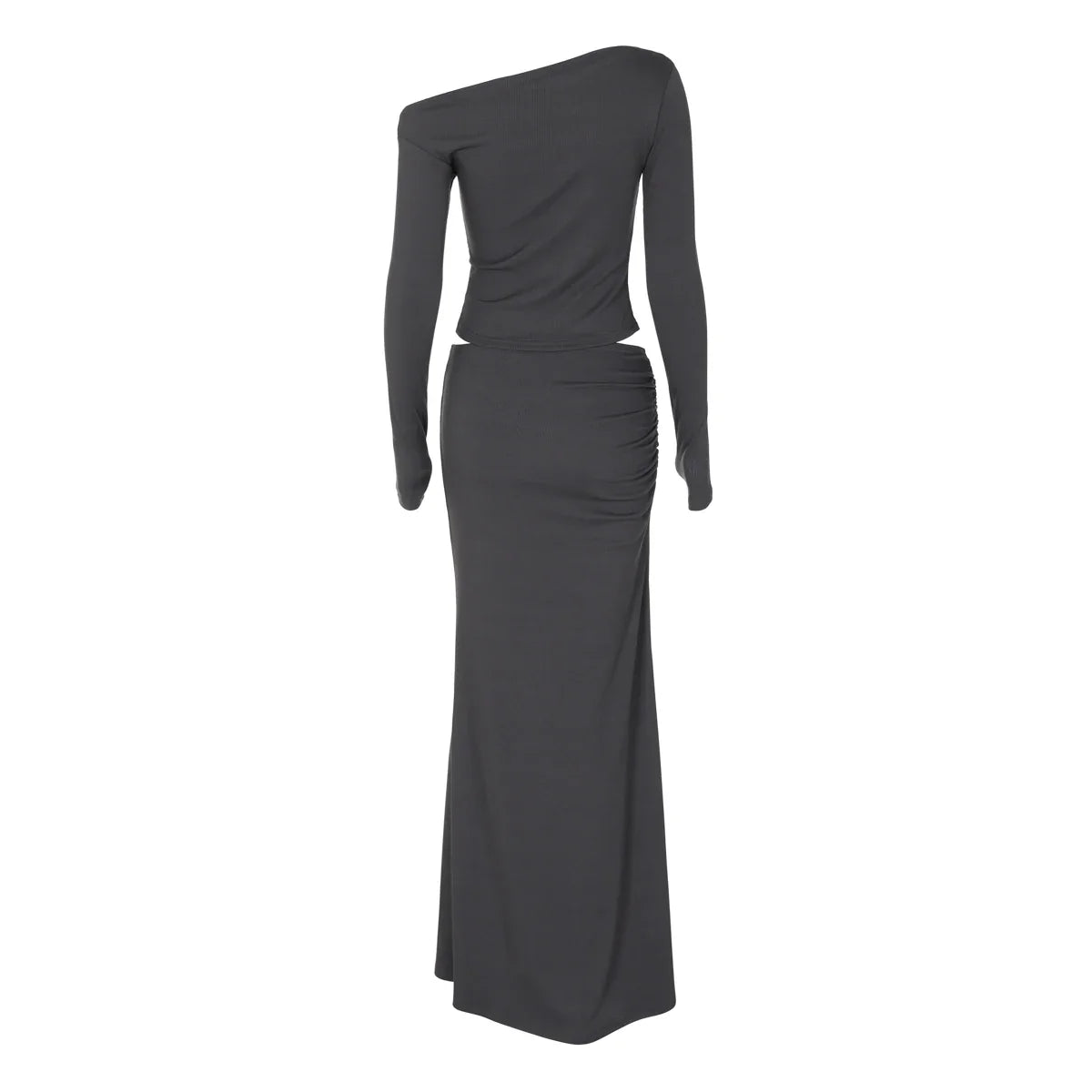 Solid Skew Collar Long Sleeve T-Shirt and Ruched Maxi Skirt 2-Piece Set Women's Y2K Fashion Outfit for Fall Night Party and Vacation