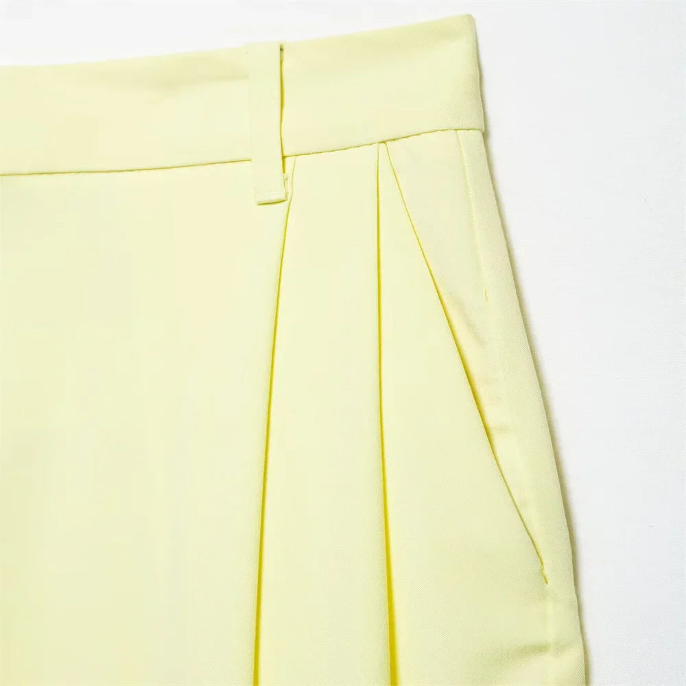 Womens Light Yellow Suit Set Halter Vest with Gold Buttons and Pleated Wide Leg Pants Stylish Ensemble