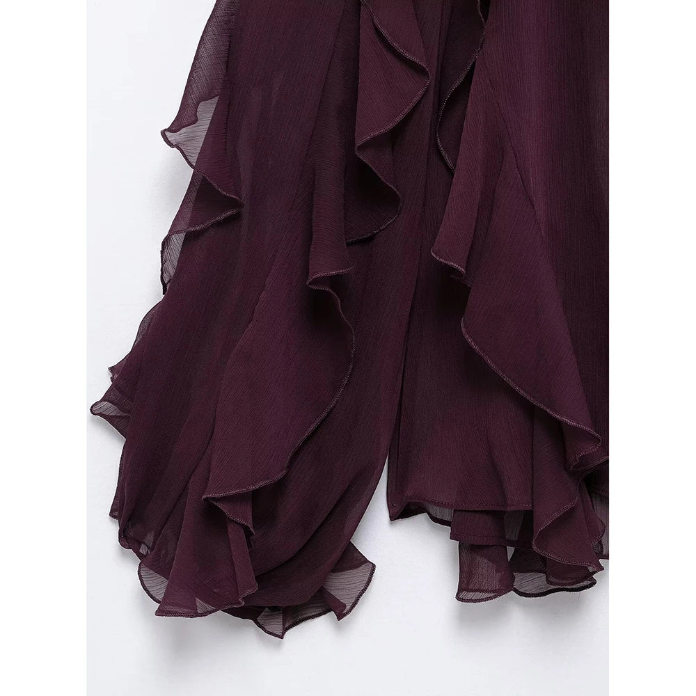 Loose Fit Burgundy Mesh Ruffle Shirt with Flutter Sleeves and Stacked Decorative Design for Women